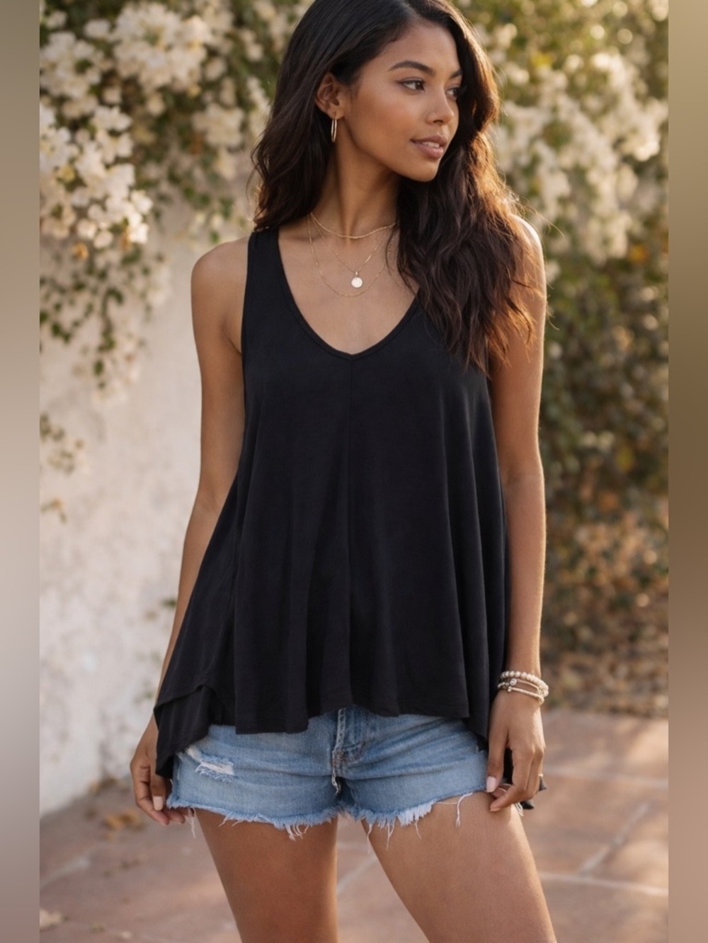 Mikey & Joey Black Drapey Tank Top Flowy Swing Layered Hem Boho XL NWT